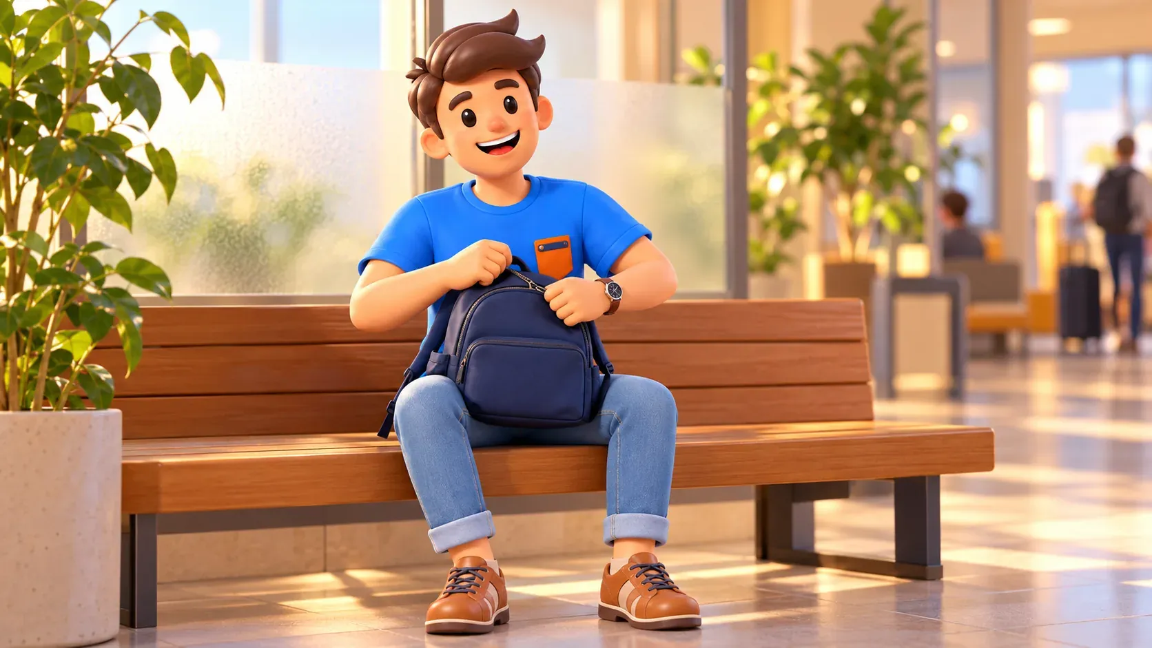 Traveller neatly closing a day backpack