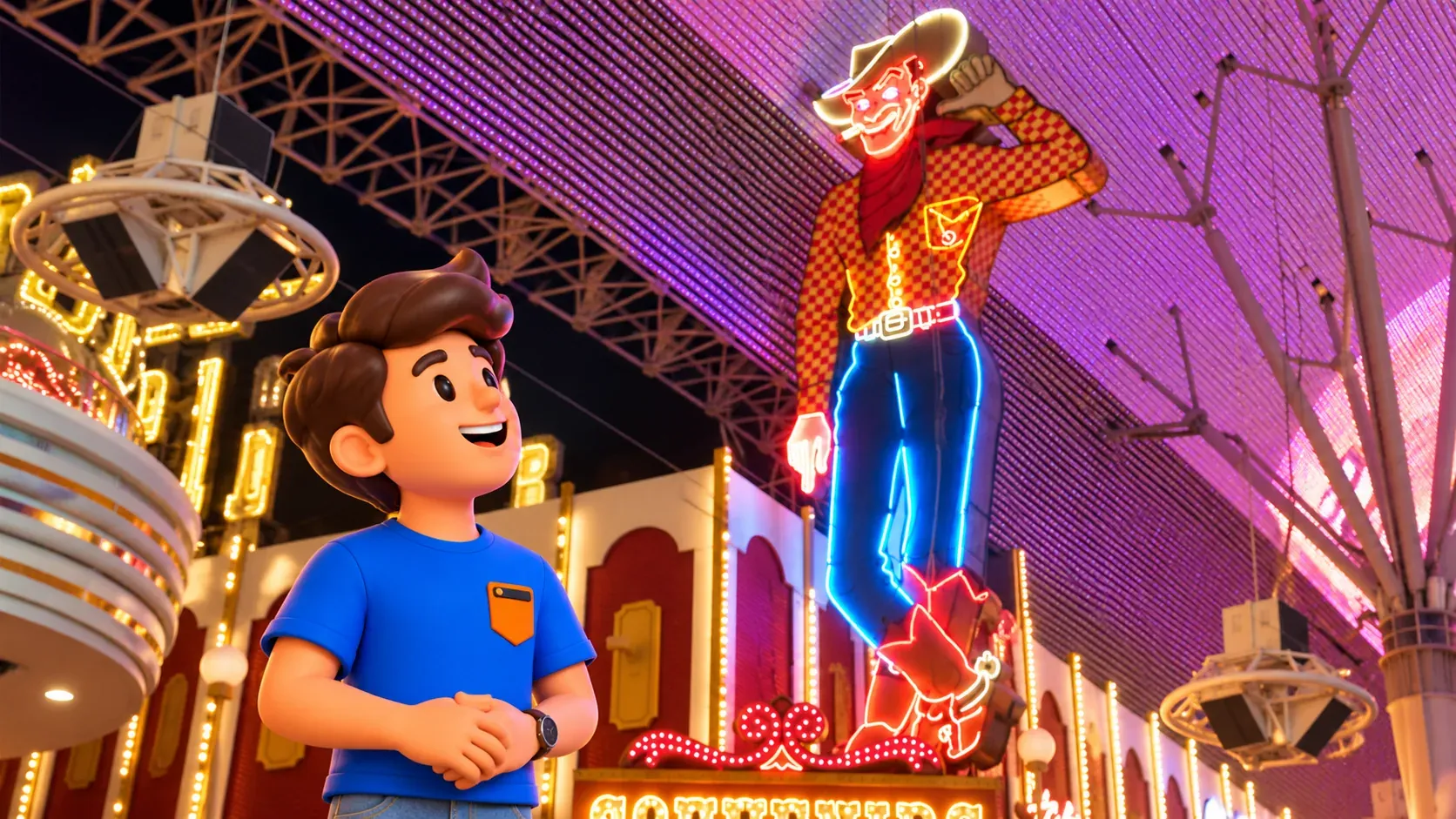 Character looking up at the Vegas Vic neon cowboy