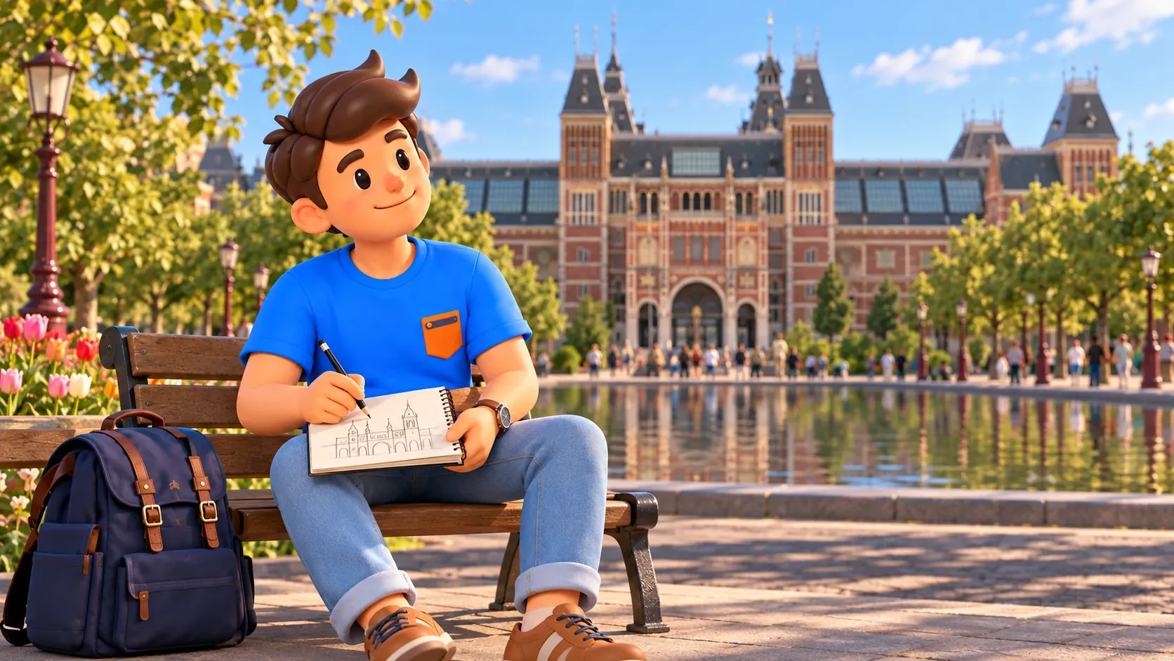 Illustration inspirée du Rijksmuseum, avec un voyageur faisant son propre croquis architectural sur un banc