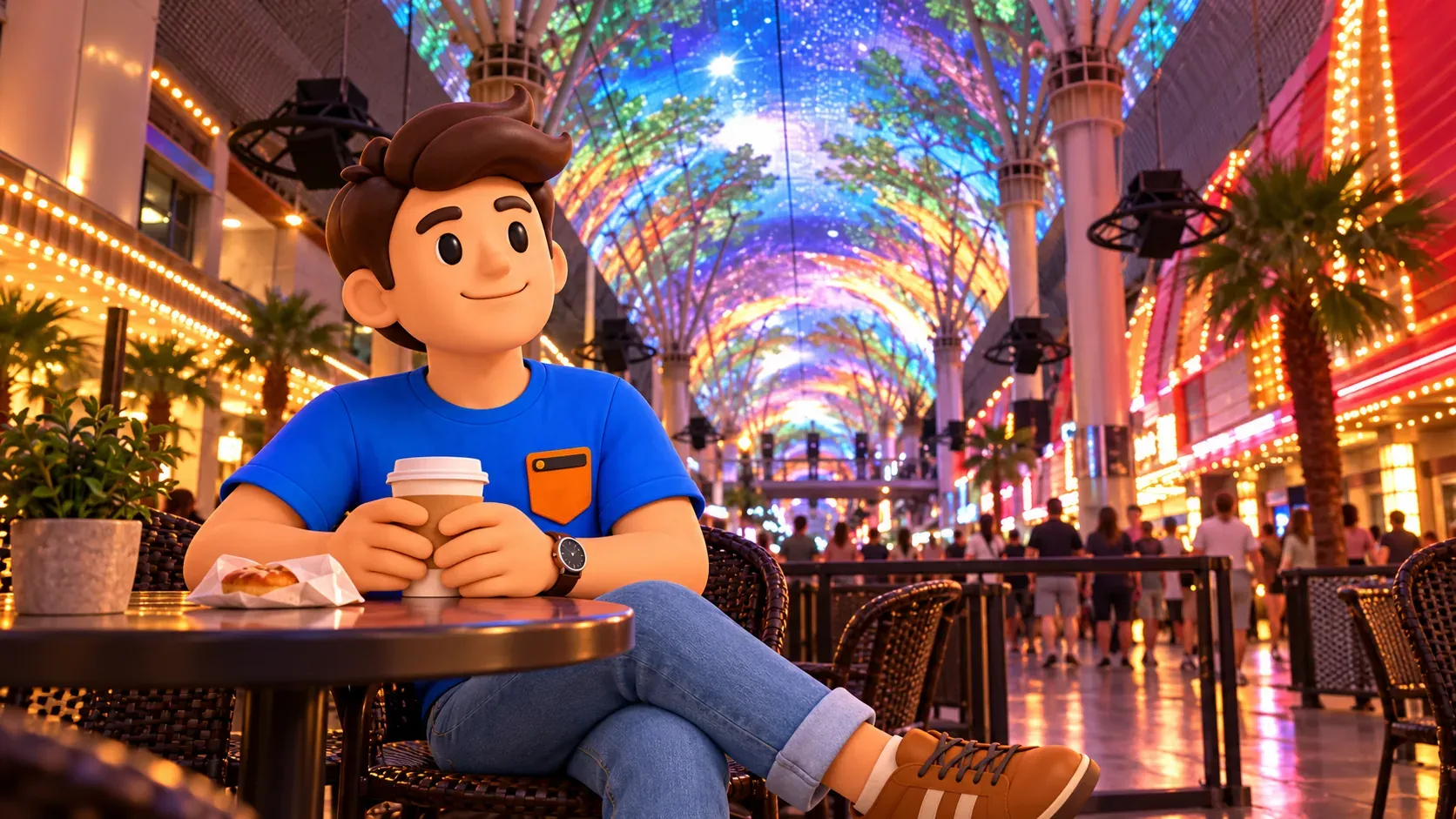 Character taking a drink break beside the Fremont Street canopy