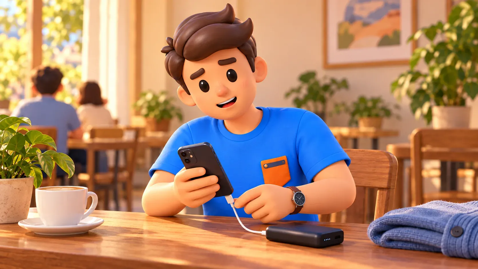 Traveller connecting a phone to a power bank in a café