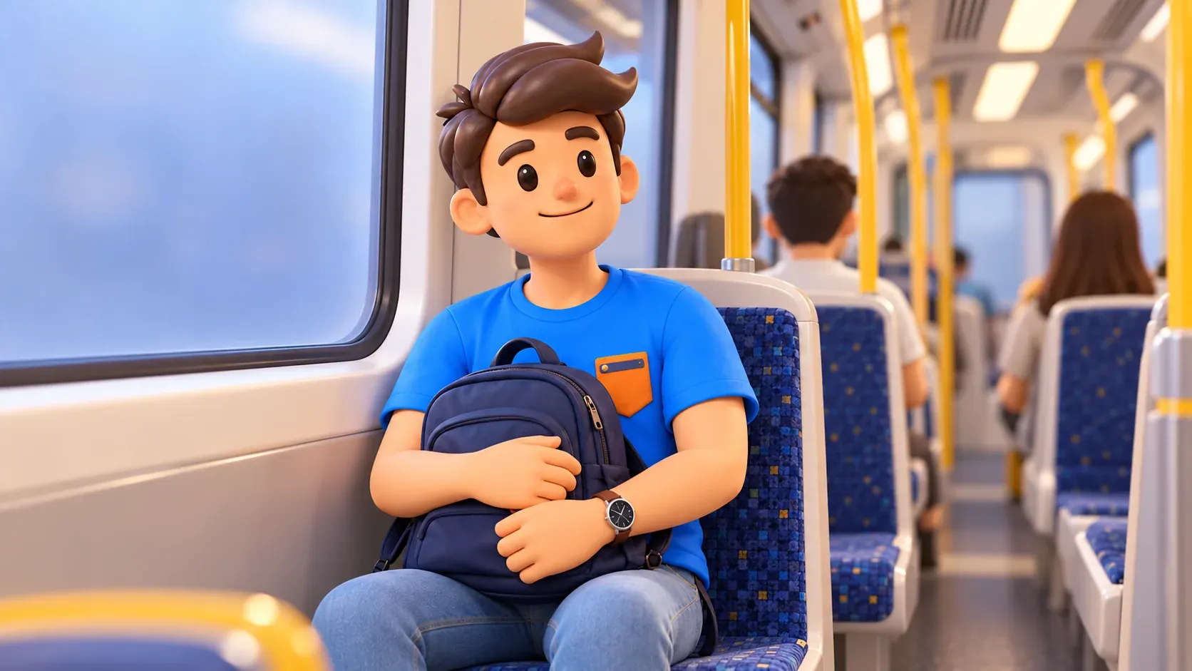 Traveller sitting in a generic carriage with his daypack on his lap