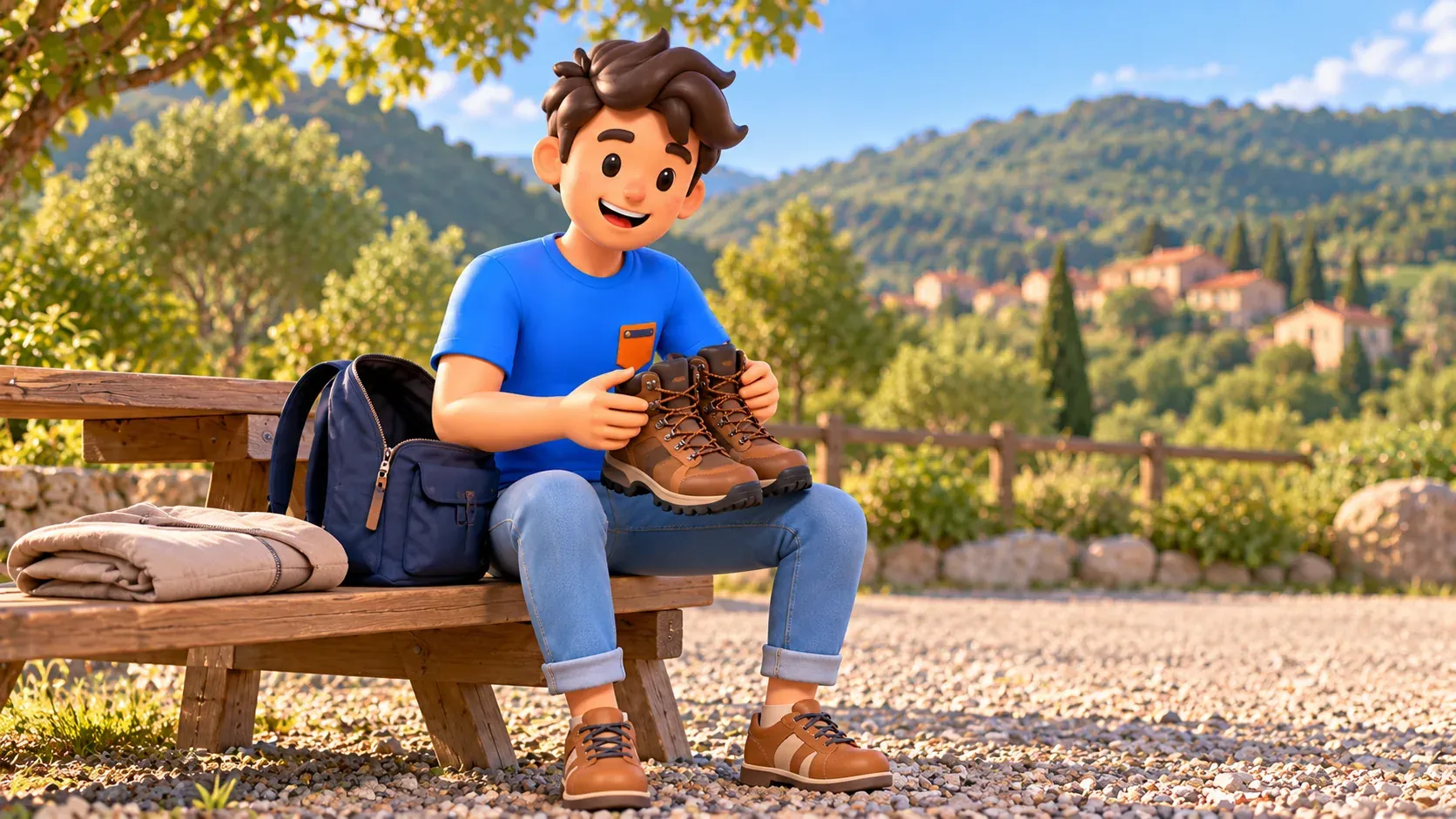 Preparación de botas para caminar durante una parada rural