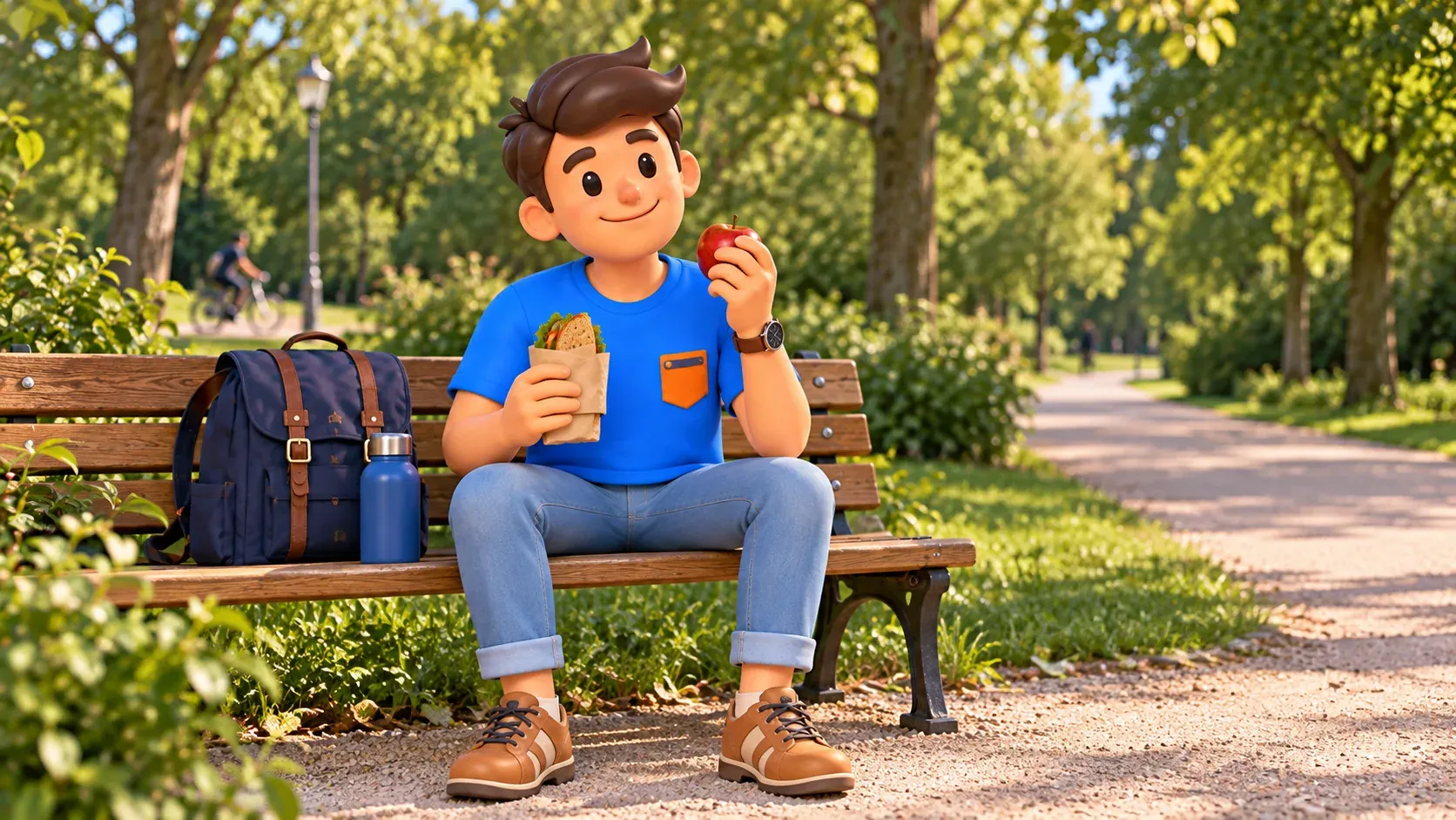 Illustration thématique d’une pause au parc, avec un voyageur tenant son sandwich et une pomme sur un banc