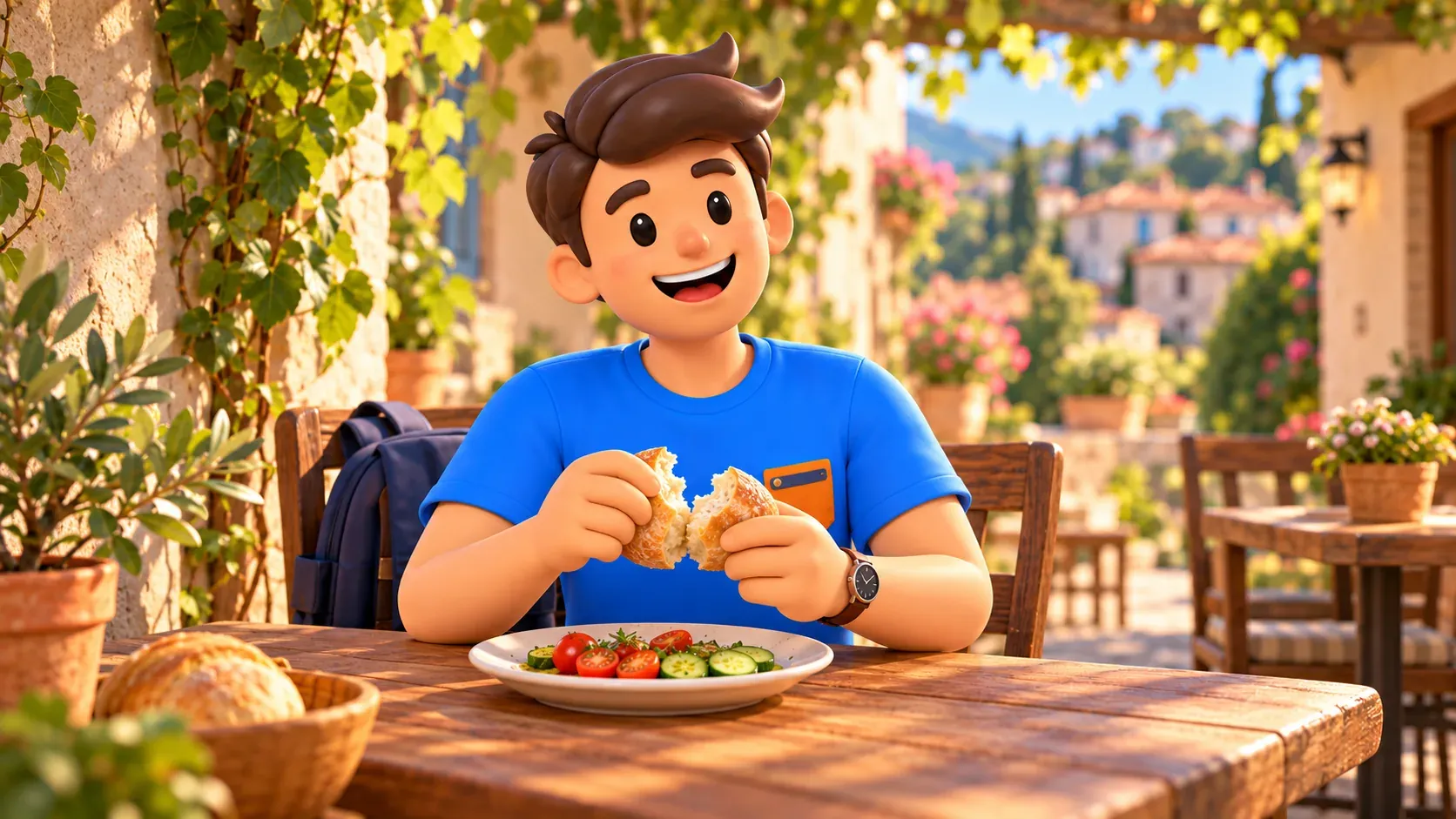Una pausa con pan y ensalada en un café de patio