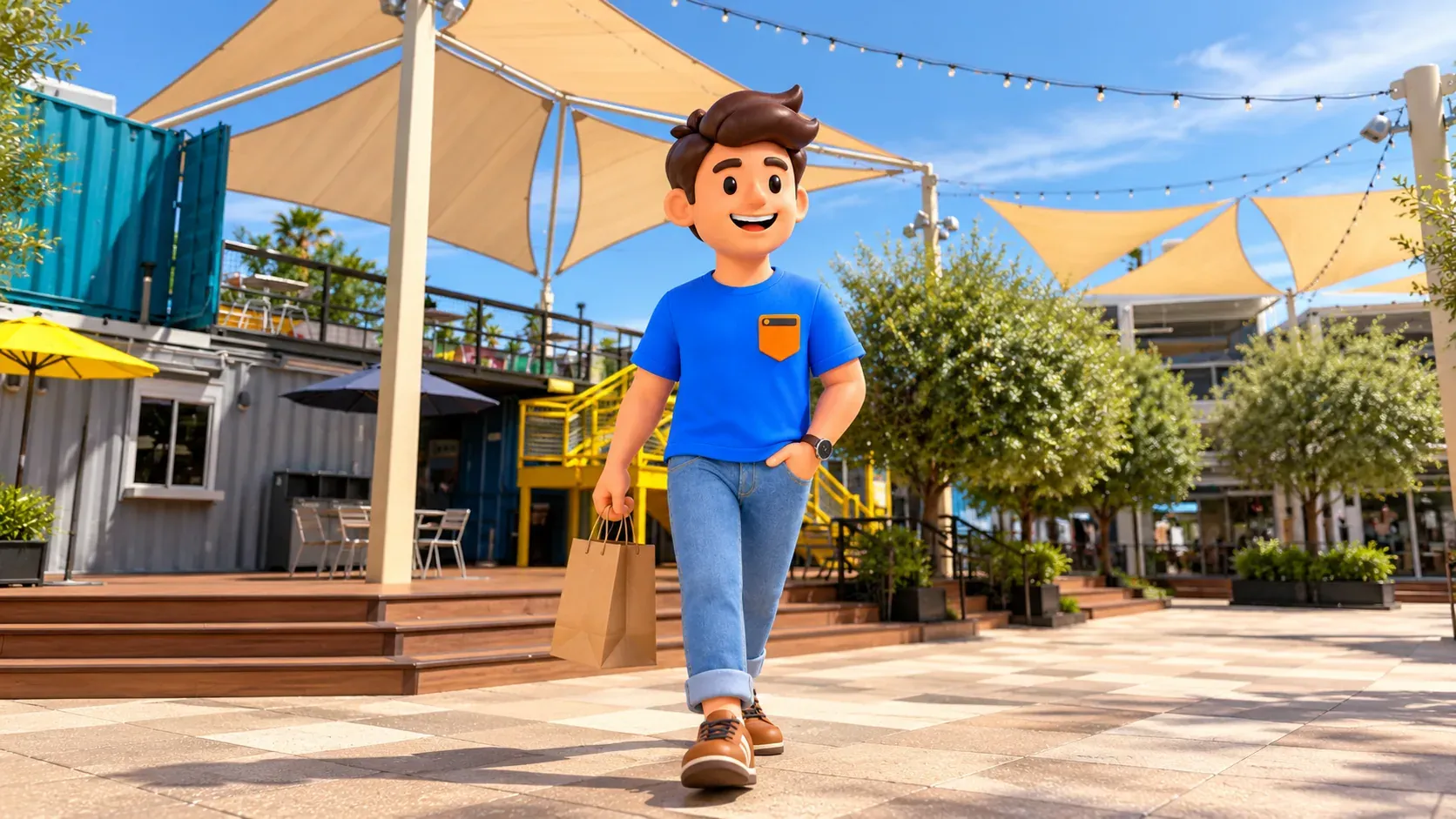 Character with a small shopping bag in the Container Park courtyard