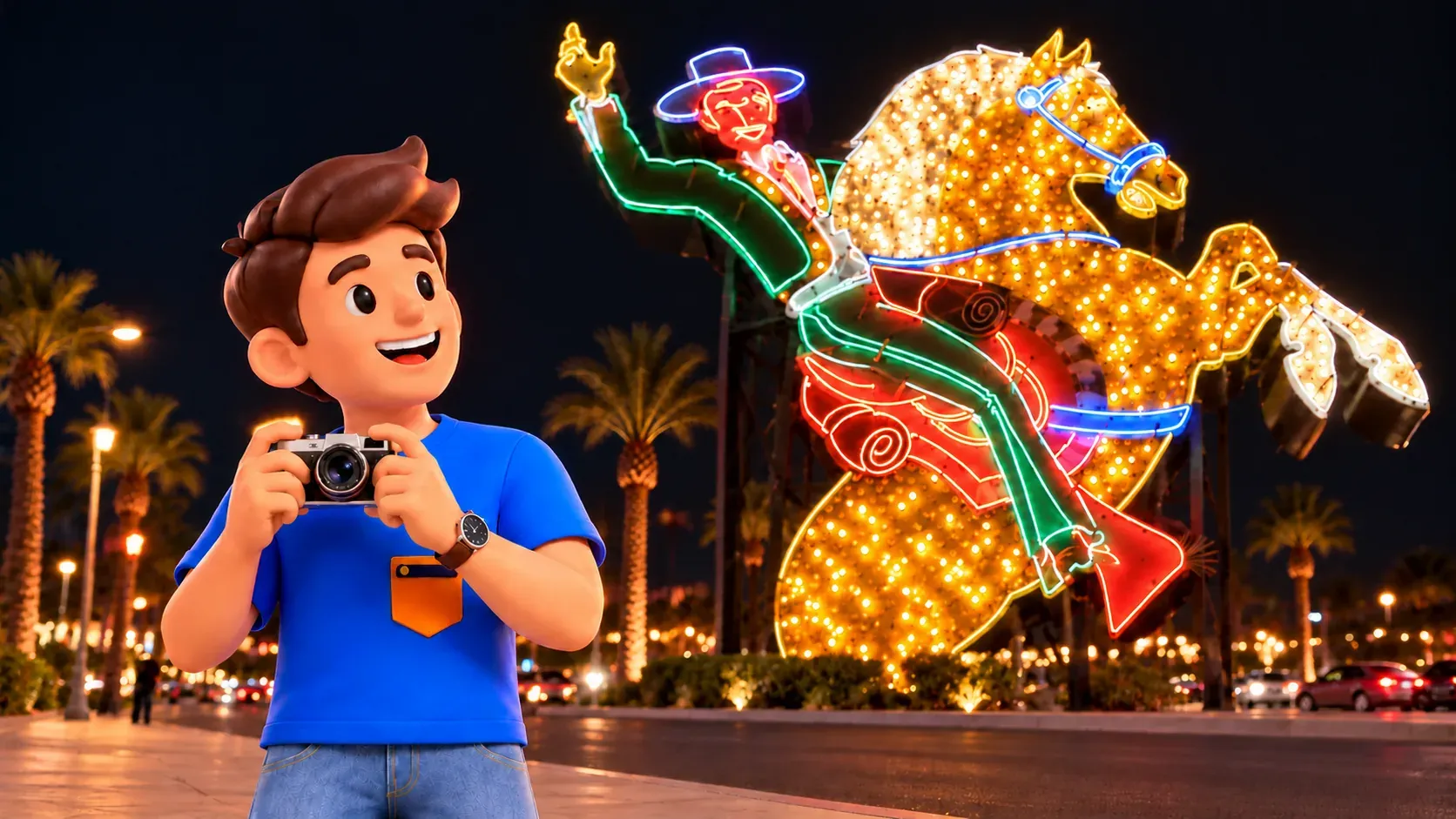 Character with camera beside the Hacienda Horse and Rider neon sign