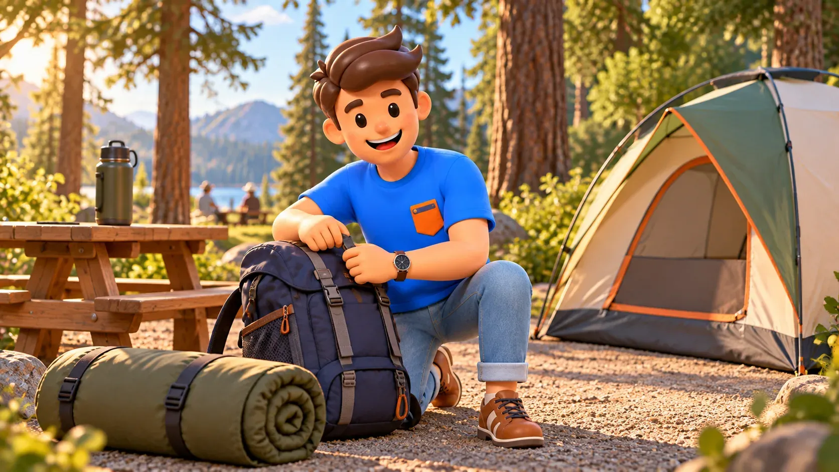 Reisender prüft Ausrüstung am Zelt auf einem allgemeinen Campingplatz