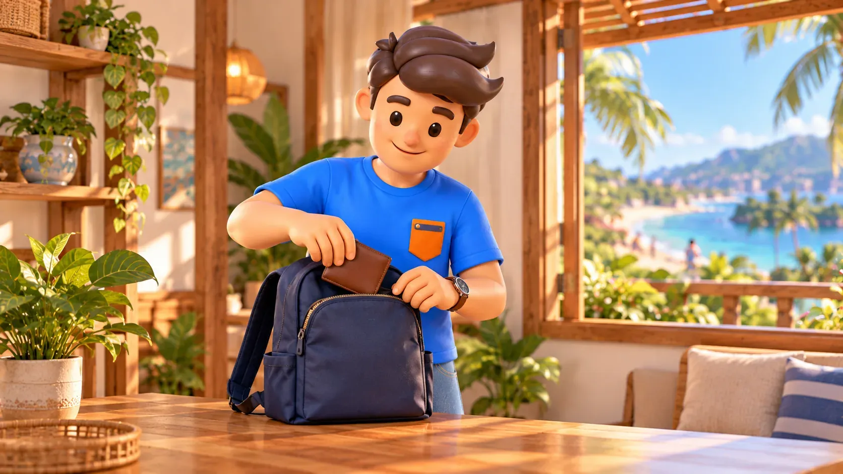 Guardando la cartera en el bolsillo de la mochila antes de pasear