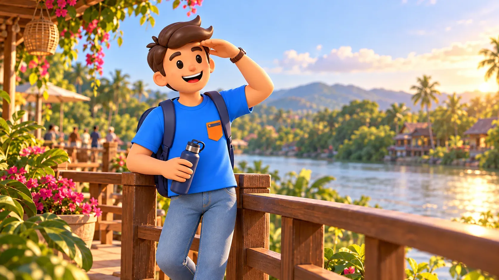 Una pausa con agua en una terraza tropical junto al río