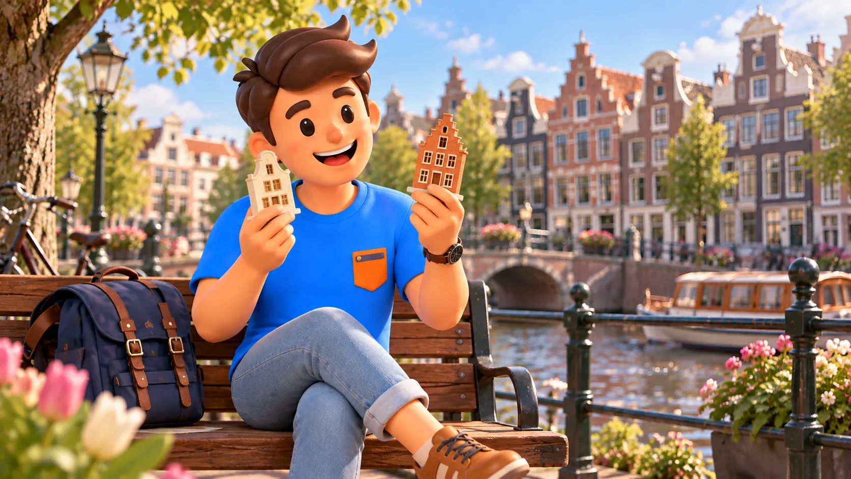 Thematic illustration of a traveller comparing small house models with different gables on a bench