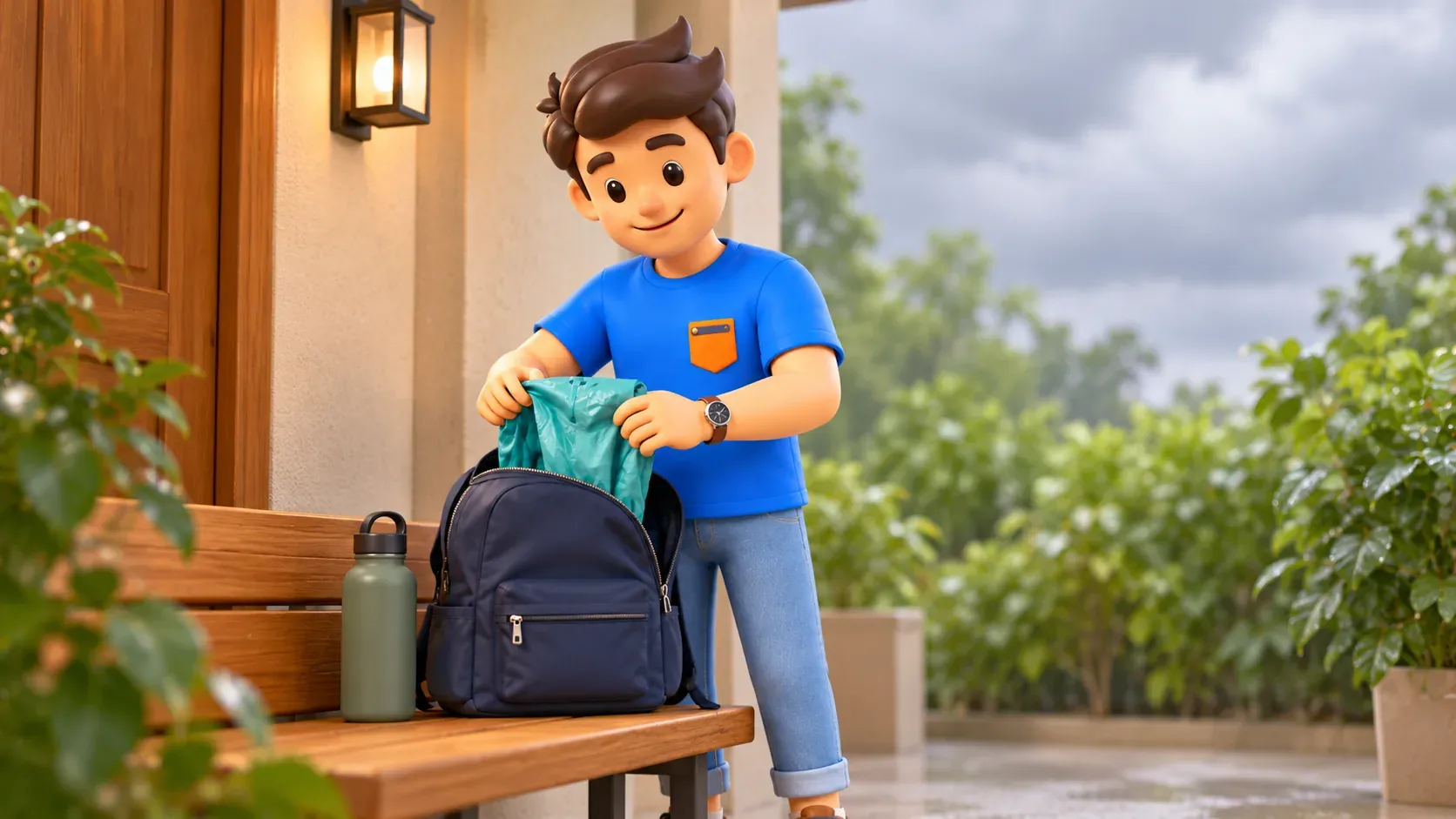 Preparing a rain poncho and daypack