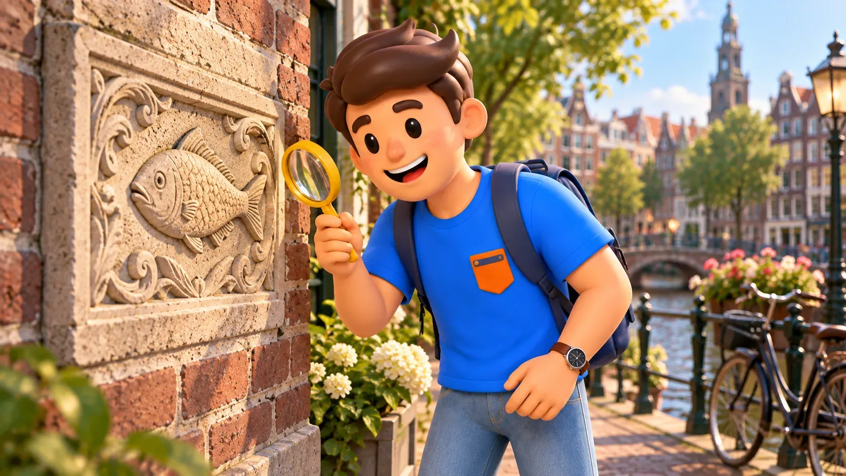 Thematic illustration of an imagined fish facade stone, with a traveller studying the relief through a magnifying glass