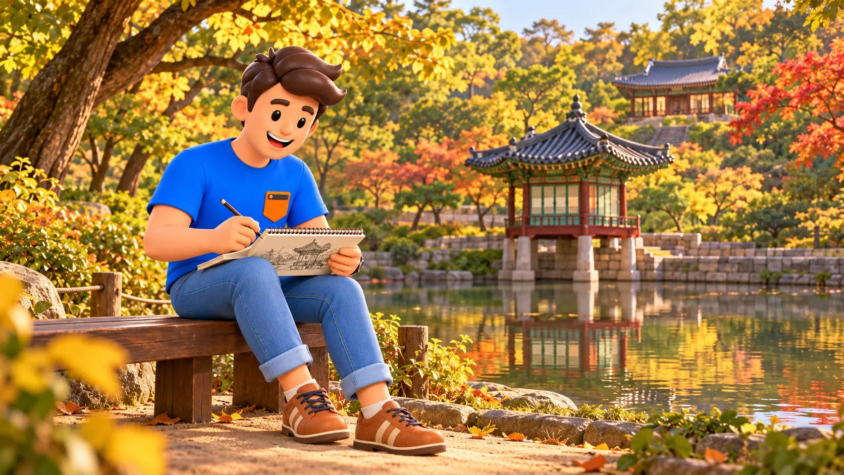 Figur zeichnet Pavillon und Teich in einem von Huwon inspirierten Garten, Illustration