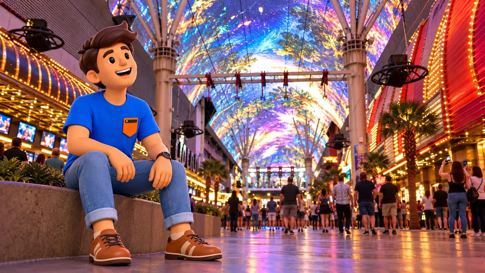 Character resting beside the walkway under the Fremont light canopy