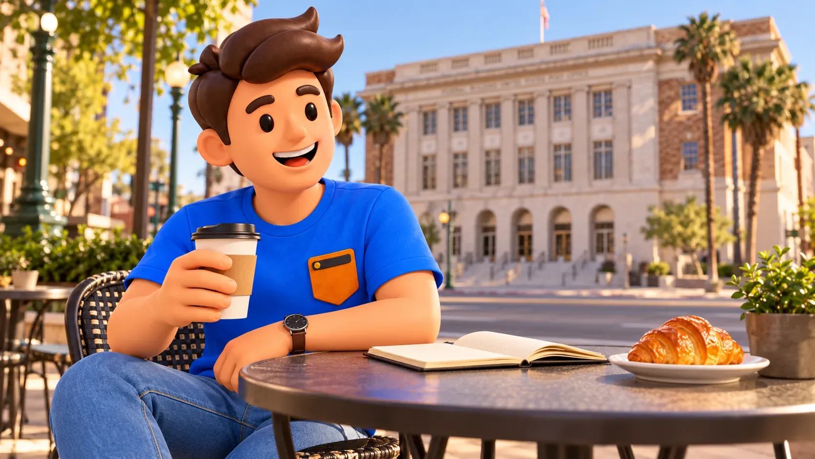 Character taking a coffee break after the museum visit