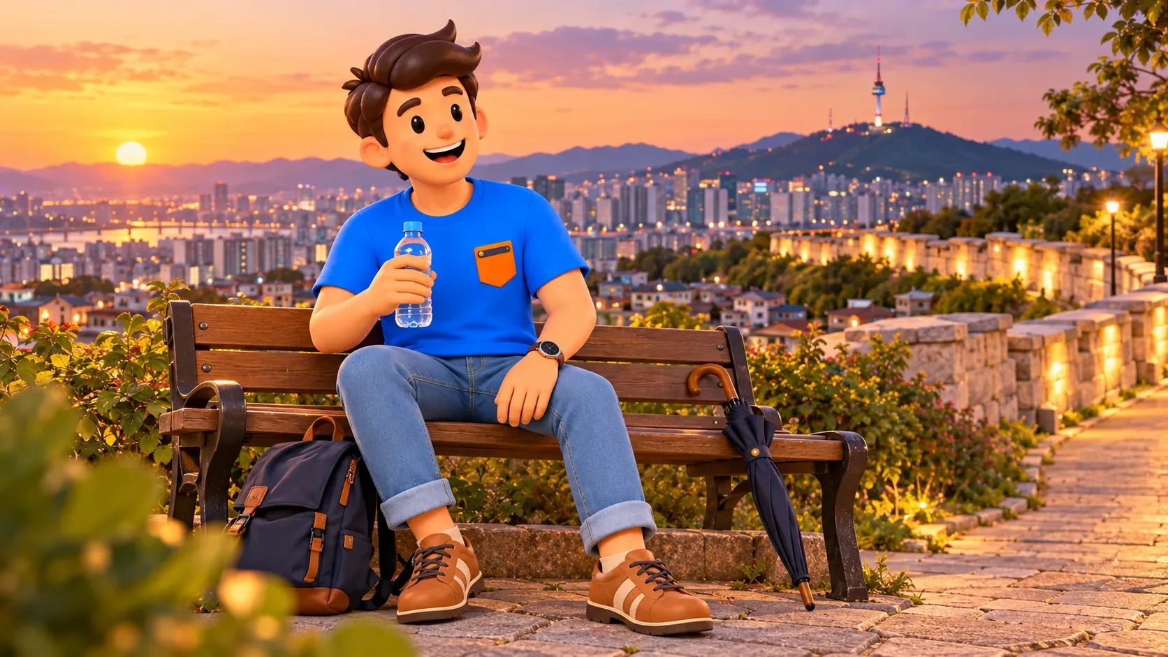 Personaje con agua descansando en un banco sobre la ciudad, ilustración