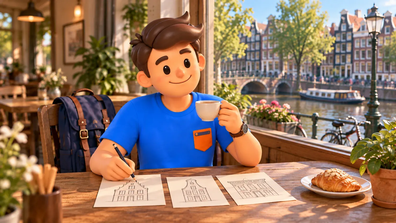 Thematic illustration of a traveller making personal facade sketches at a table in an imagined cafe