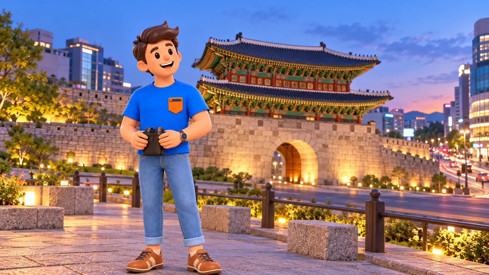 Personaje junto a una puerta oriental inspirada en Dongdaemun, ilustración