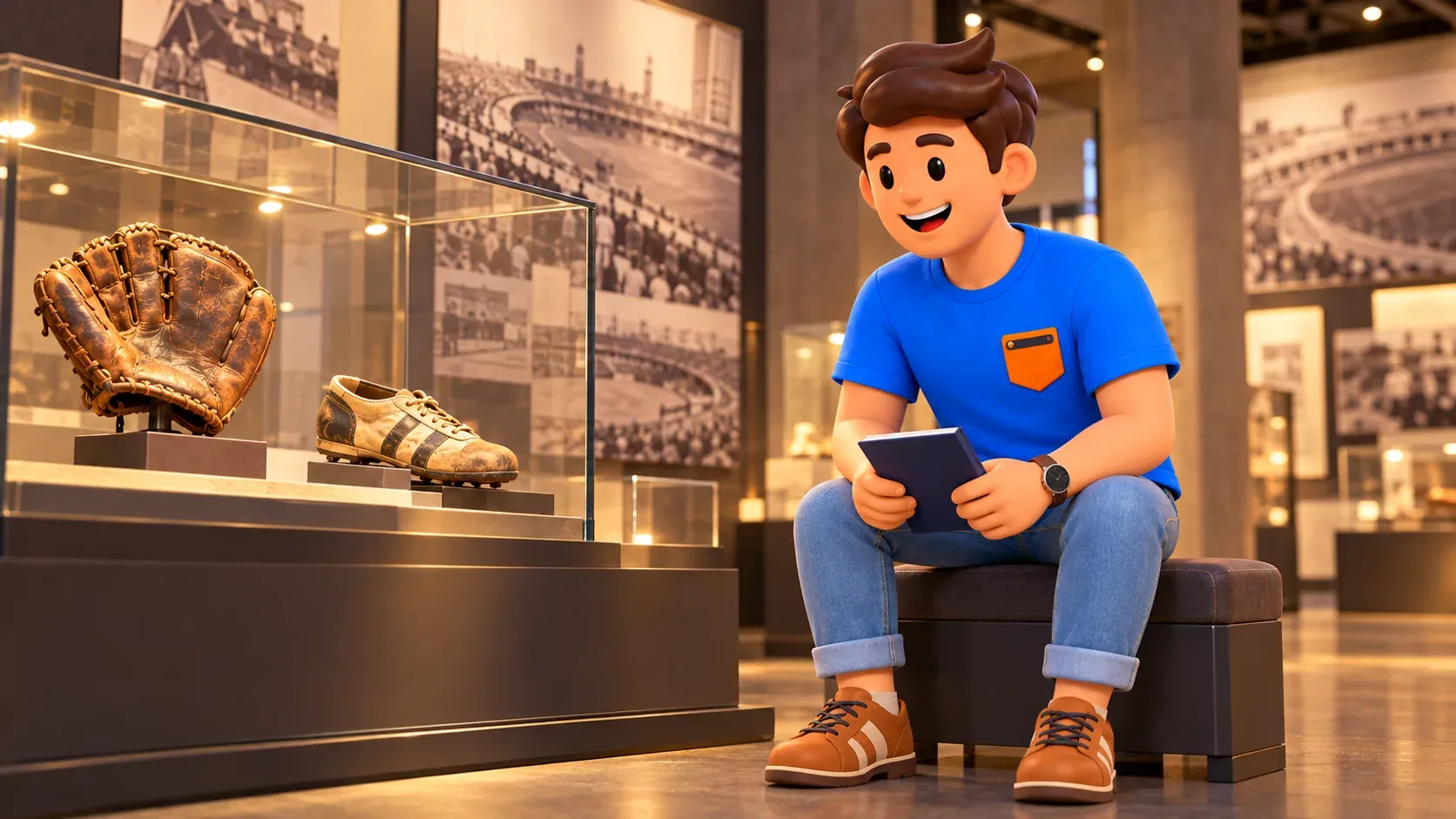 Figur betrachtet Sportobjekte in einer Museumsvitrine, Illustration