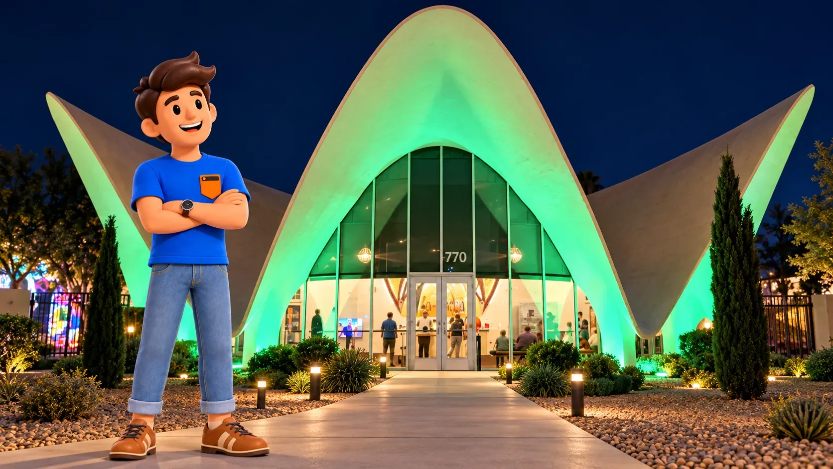 Voyageur admirant le toit courbe de La Concha au Neon Museum
