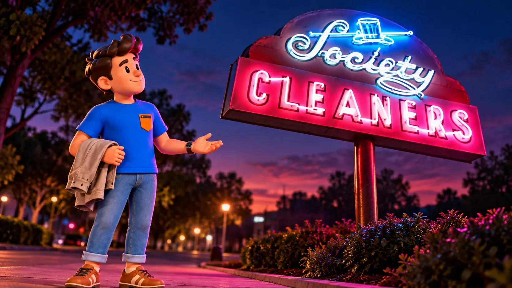 Voyageur admirant les lettres, le haut-de-forme et la canne de Society Cleaners