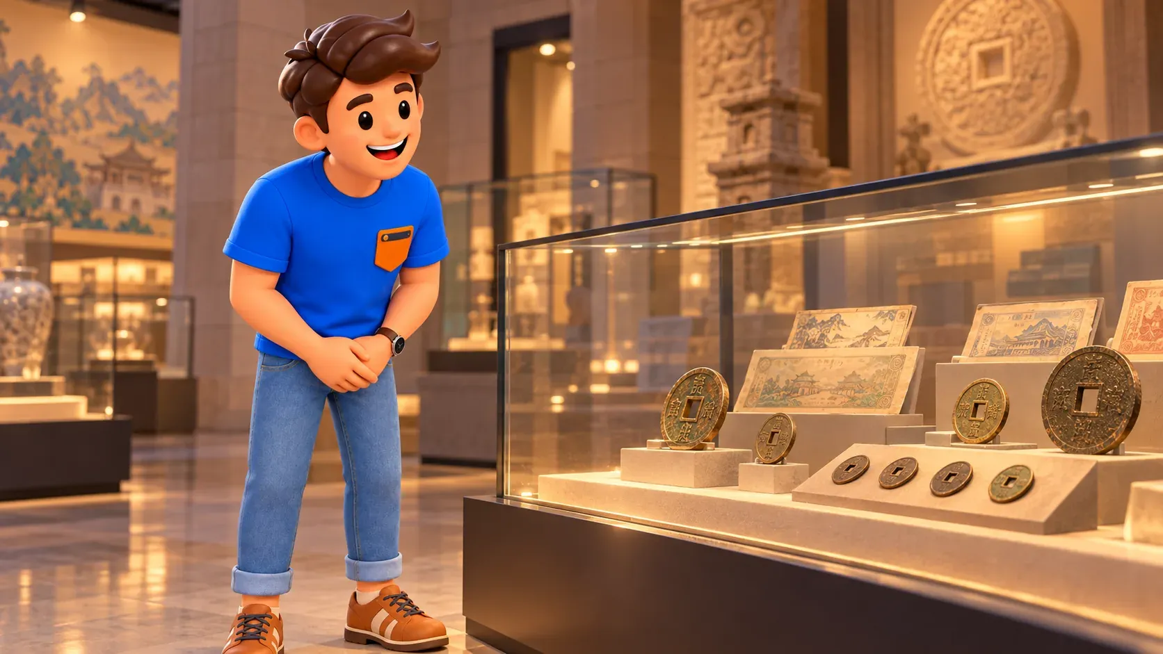 Personnage observant pièces et billets anciens dans une vitrine, illustration