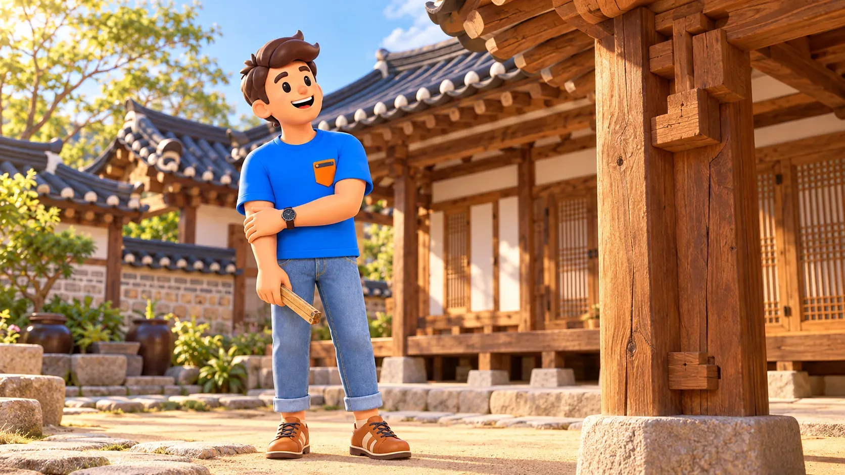 Traveller studying timber joints beneath a hanok roof