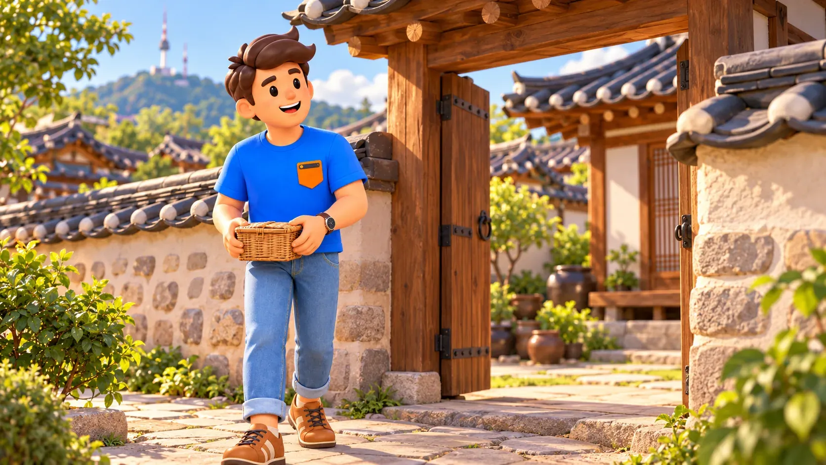 Traveller carrying a wicker basket between courtyards