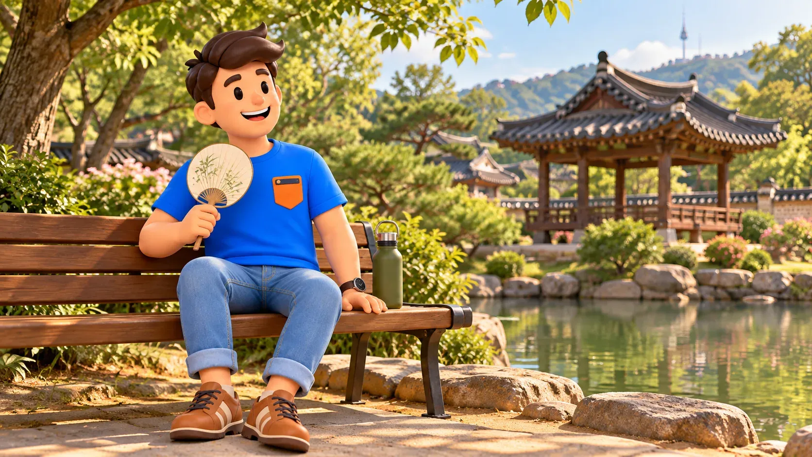 Traveller resting with a fan on a bench beside a pond