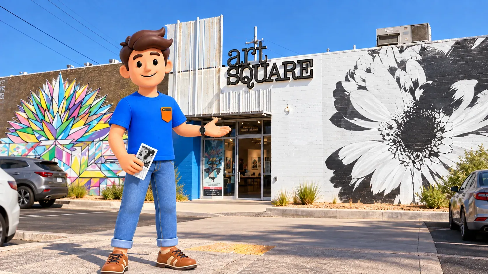 Viajero con un folleto ante Art Square y sus murales