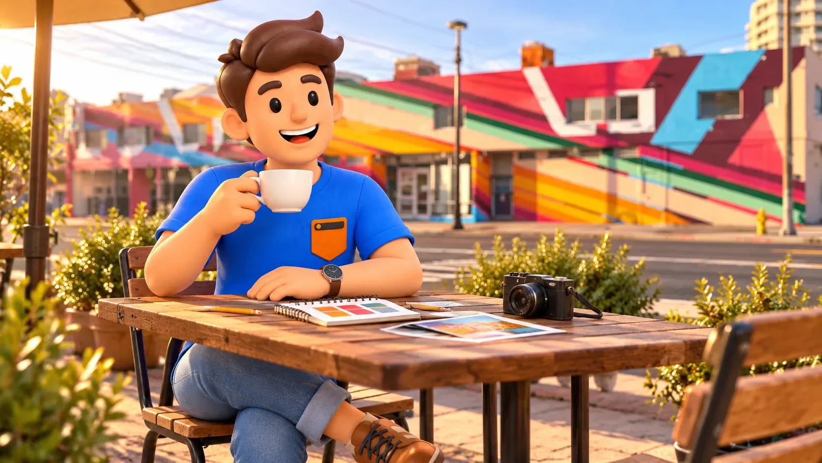 Ilustración de una pausa de café con libreta y notas de color en el Arts District