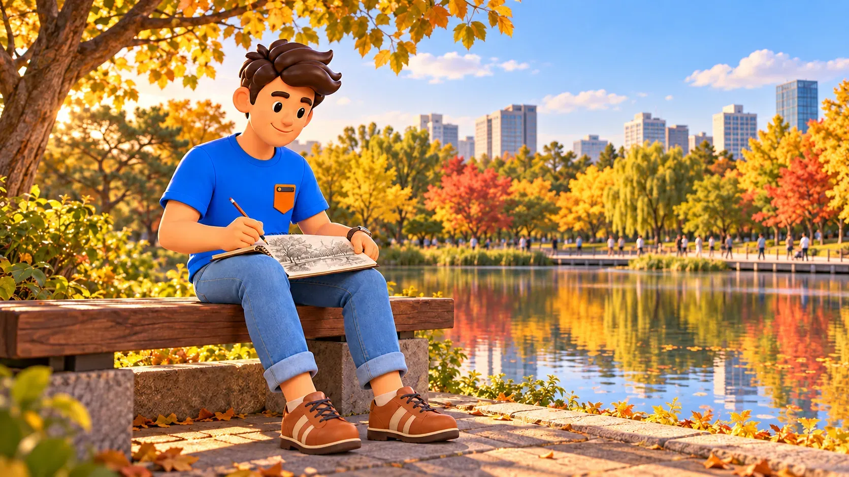 Traveller sketching trees and water from a park bench