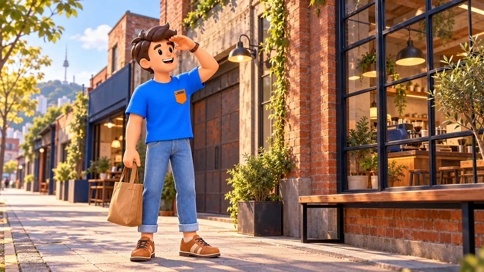 Traveller studying brick buildings from a public pavement