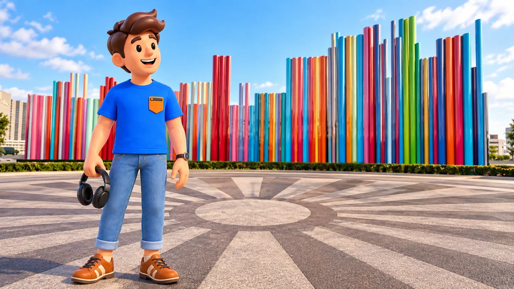 Traveler holding personal headphones while admiring the colored pipes of Pipe Dream