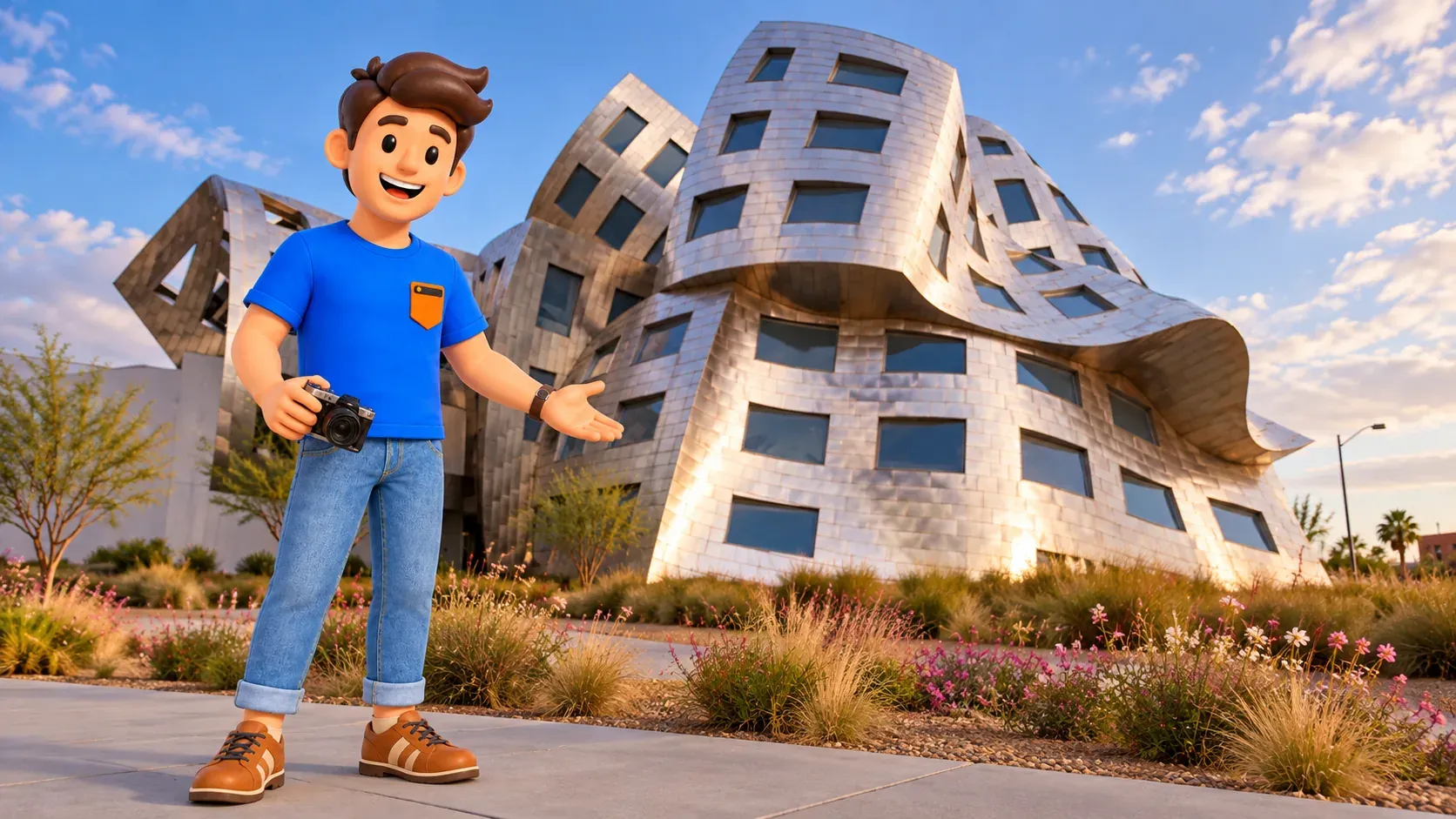 Traveler with a camera outside the metallic Lou Ruvo complex façade