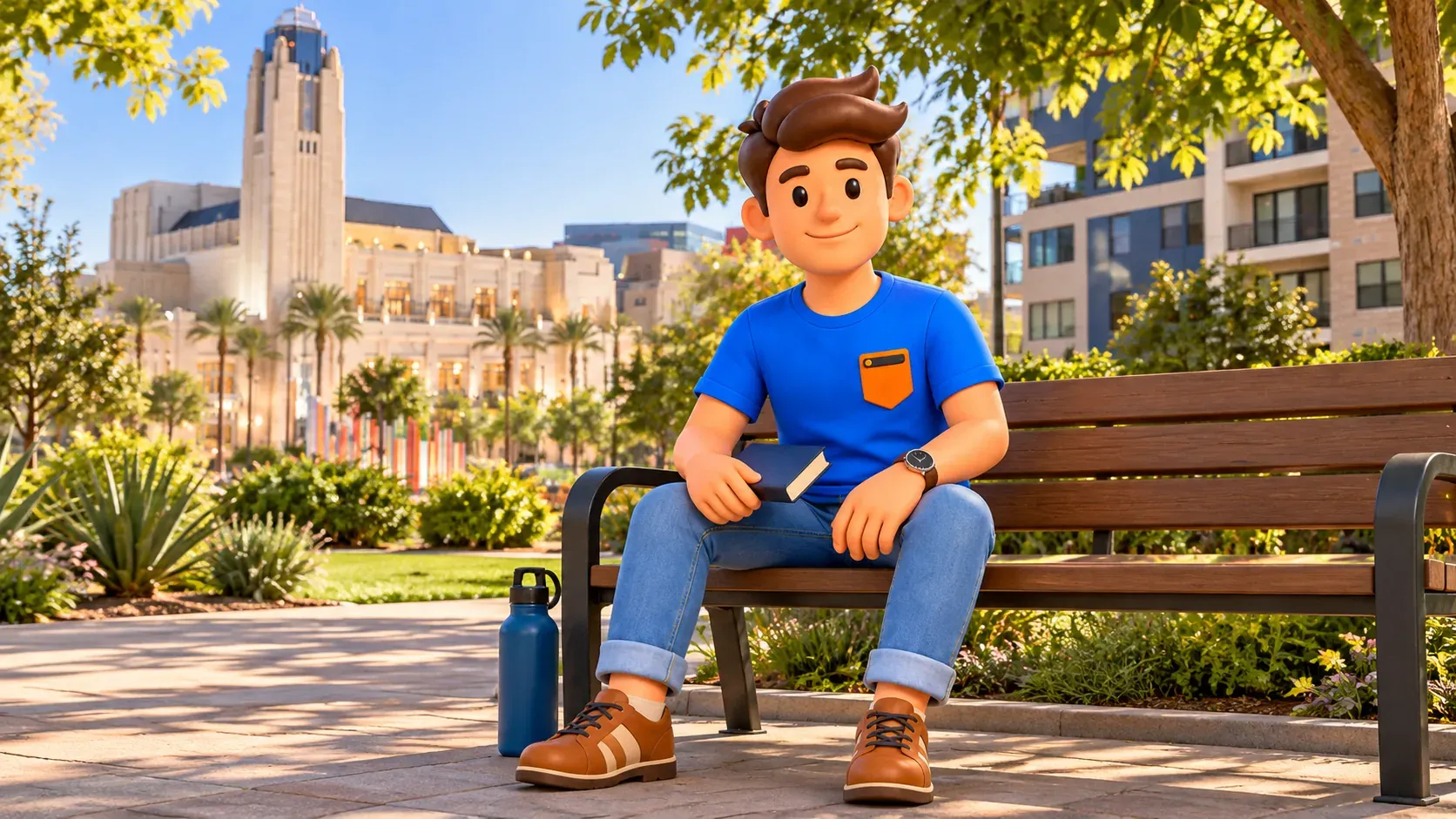 Illustration of a bench pause in Symphony Park with the Smith Center in view