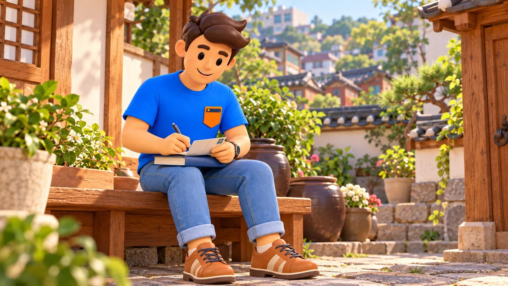 Viajero escribiendo una postal en un patio de hanok