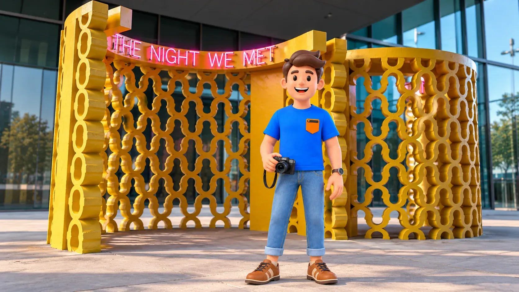 Reisender bei den gelben gemusterten Wänden und dem Neon von The Night We Met