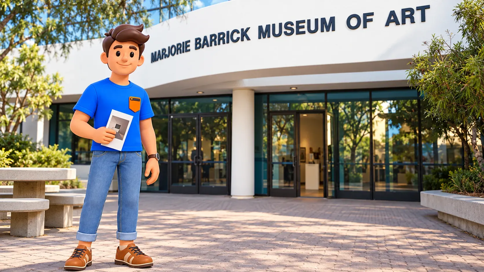 Персонаж с буклетом у входа Marjorie Barrick Museum of Art