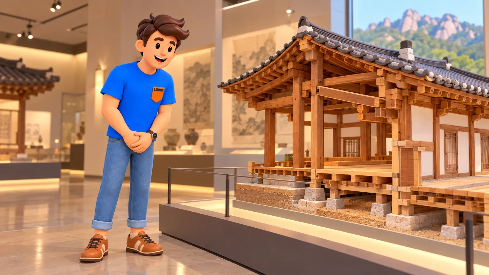 Viajero observando una maqueta de casa de madera en un museo imaginario