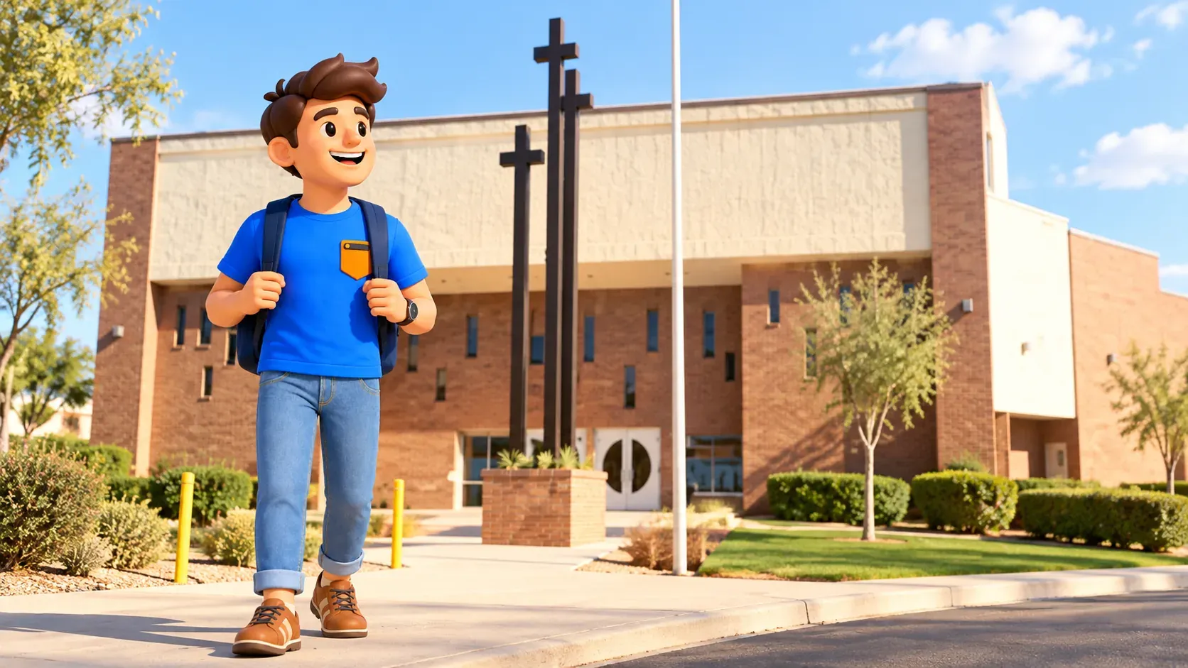 Reisender mit Rucksack vor der Second Baptist Church in Las Vegas