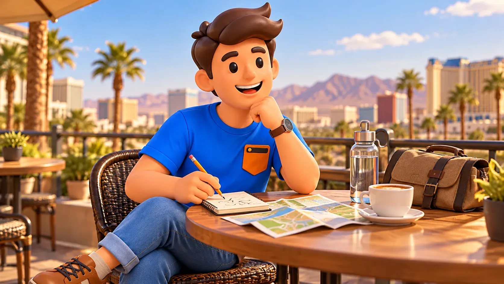 Illustration eines Reisenden mit Karte und Notizbuch bei der Planung im Café