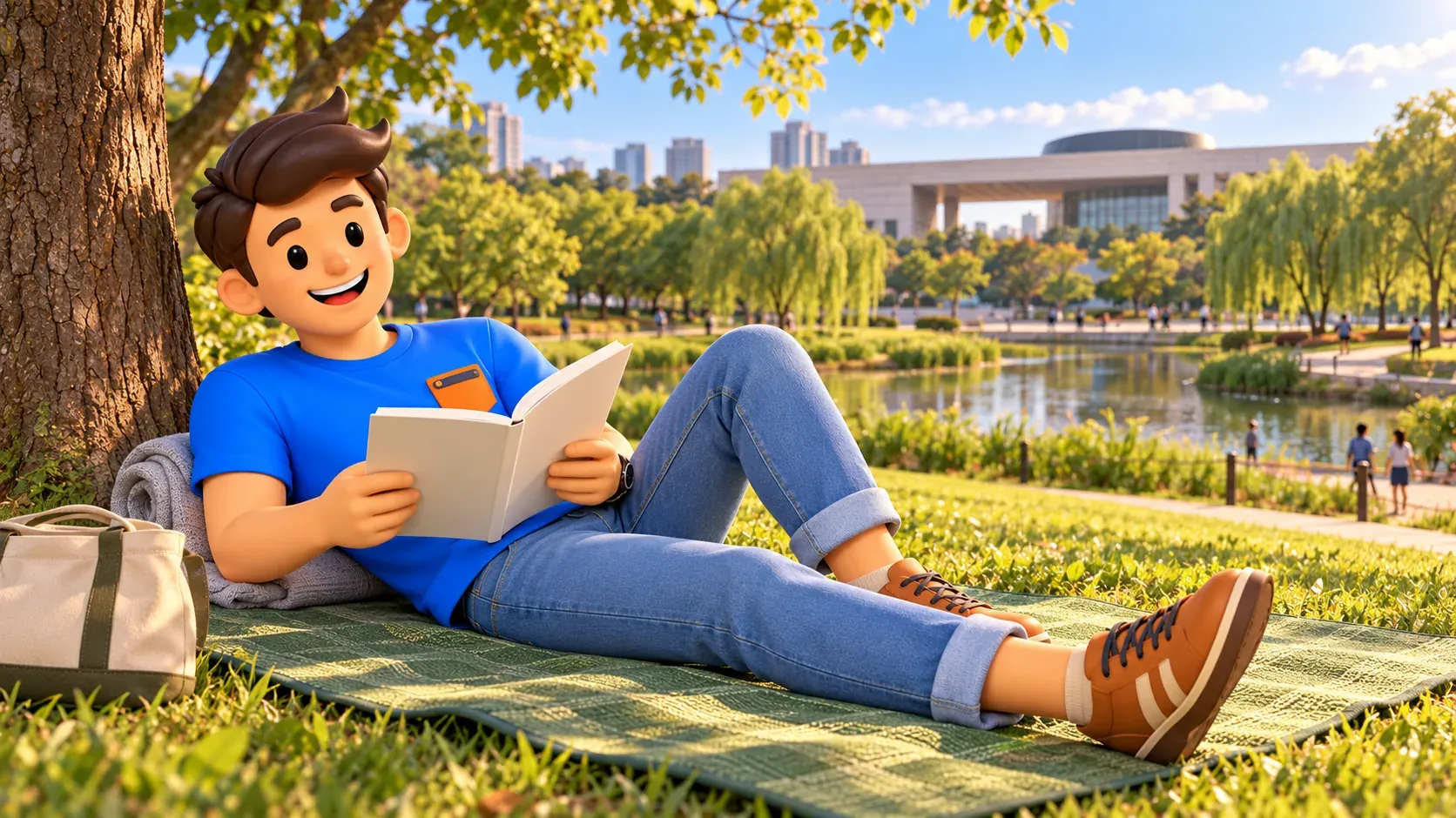 Путешественник отдыхает с книгой на коврике в зелёном парке
