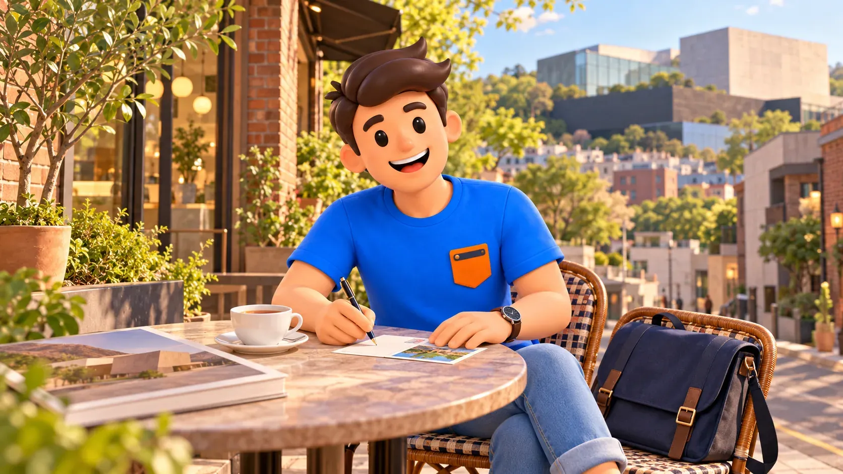 Viajero escribiendo una postal en una terraza de Hannam-dong