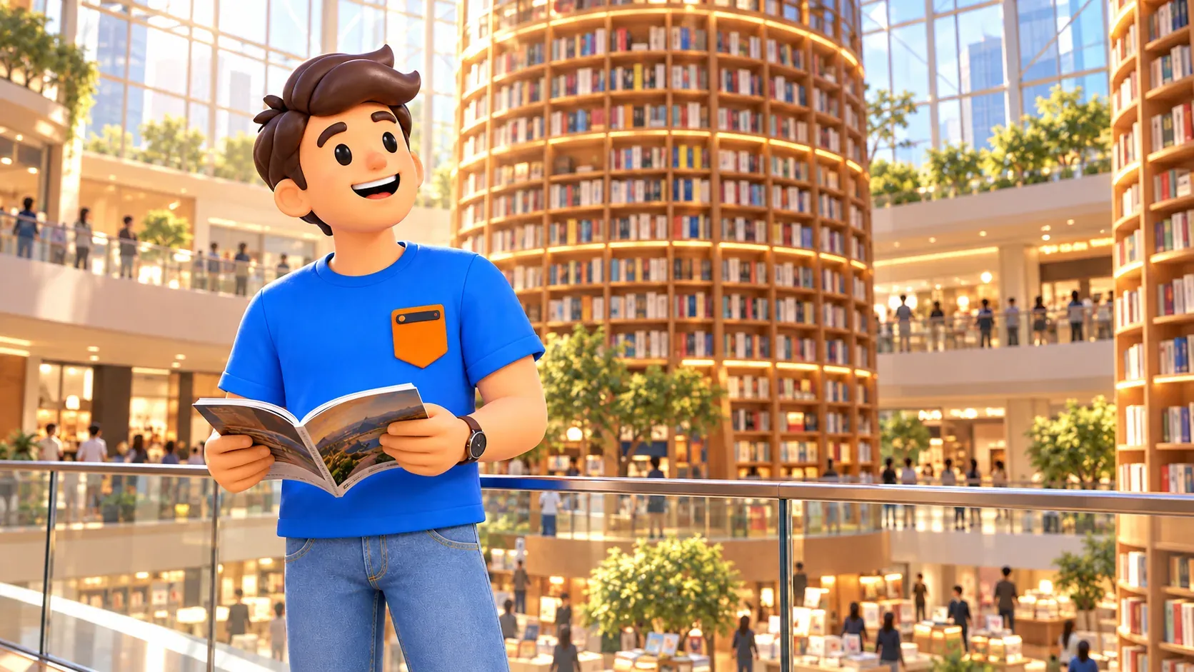 Reisender mit Magazin vor hohen Regalen einer vorgestellten Bibliothek