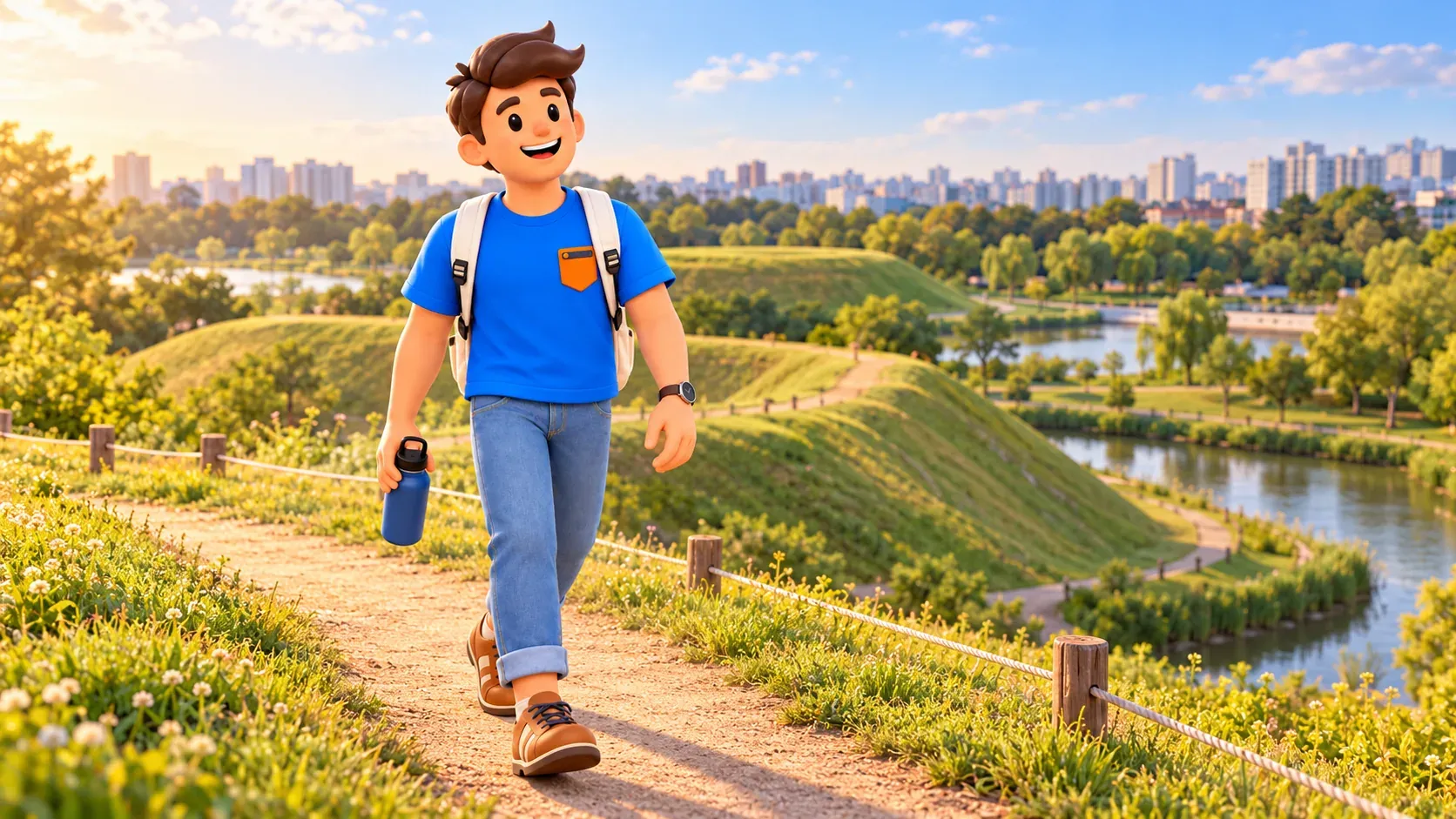 Reisender mit Wasserflasche auf einem Weg zwischen grasigen Erdwällen