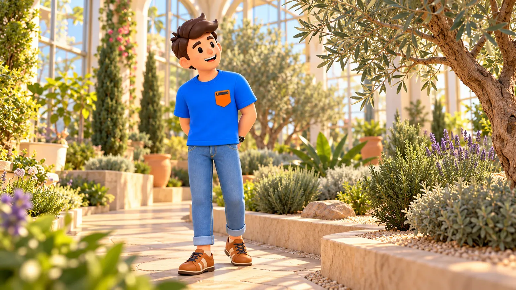 Traveller looking at an olive tree and narrow leaves in a Mediterranean garden