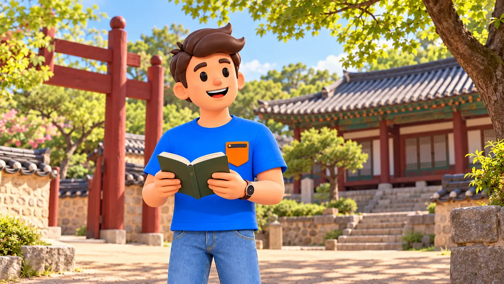 Traveller with a book beside an imagined Confucian school courtyard