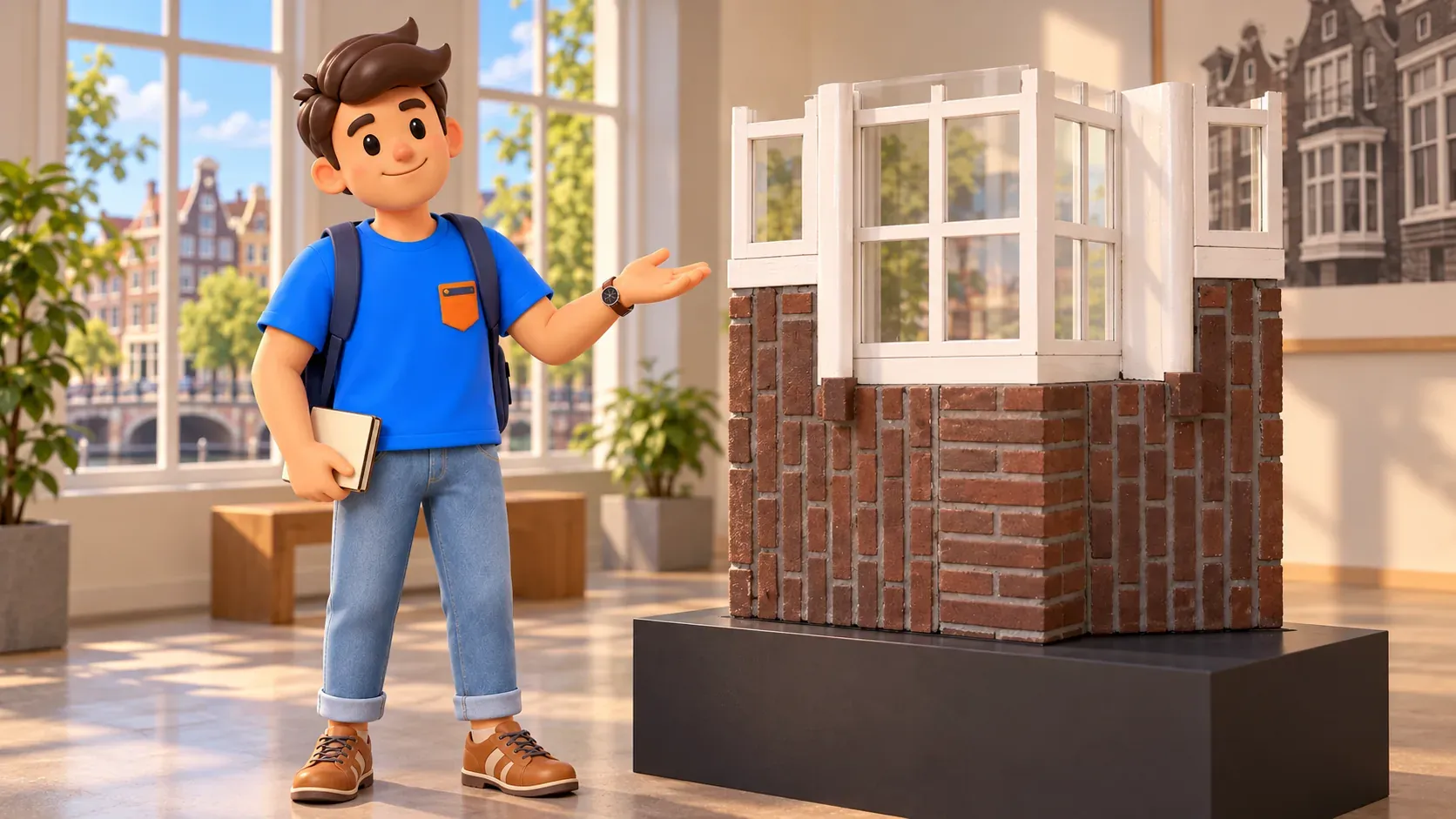 Thematic illustration of an imagined architectural display, with a traveller observing a projecting-window model on a brick base